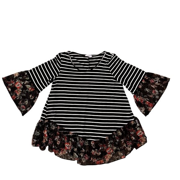 2/$18 Sale Frumos Knit Top Women XXL Striped Floral Shirt Sheer Tee Bell Sleeve‎ - Picture 1 of 9